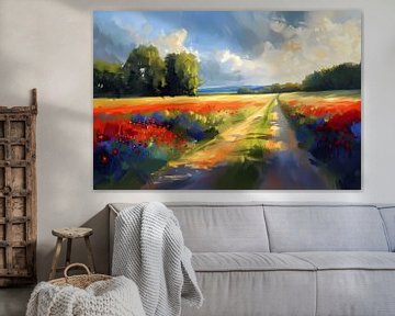 Kleurrijk schilderij van bloemenveld met bomen van Art & Soul Creations