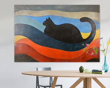 Zwarte kat met kleurrijke golvende achtergrond van De Muurdecoratie