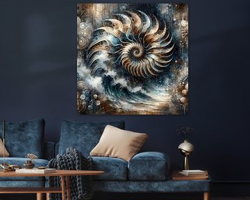 Ammoniet met blauwe golven - abstract van Sabine Wagner