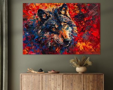 Kleurrijk abstract schilderij van een wolf van De Muurdecoratie