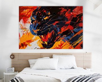 Abstracte kleurrijke zwarte panter schilderij van De Muurdecoratie