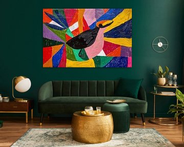 Kleurrijk abstract schilderij van een vogel van De Muurdecoratie