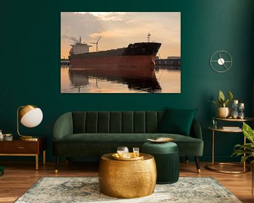 Een bulkcarrier voor anker in de haven Amsterdam van scheepskijkerhavenfotografie