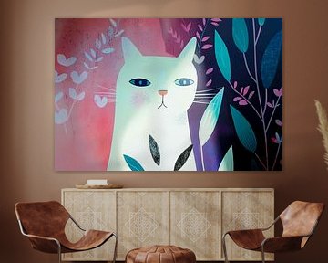 Illustratie kat met bladeren pastel kleuren van Vlindertuin Art