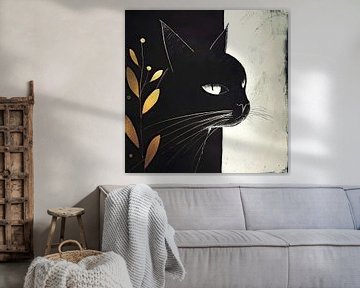 Moderne Zwarte Kat Illustratie met Gouden Bladeren van Vlindertuin Art