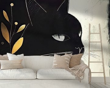 Moderne Zwarte Kat Illustratie met Gouden Bladeren