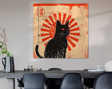 Moderne Oosterse Illustratie: Kat met Stralende Zon van Vlindertuin Art