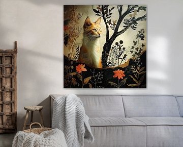 Botanische Kunst collage: Kat met Bloemen en Planten