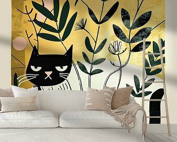 Moderne Kattenkunst: Zwarte Kat met Abstracte Planten