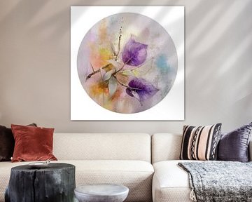 Aquarel  schilderij: Paarse Bougainville - rond- wit van Studio Pieternel
