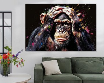 Realistisch schilderij van aap met kleurenexplosie