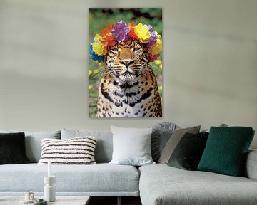 Colourful Leopard with Flower Wreath Portrait by Art & Soul Creations