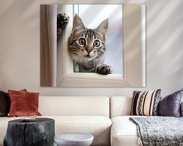 poes kijkt door het raam