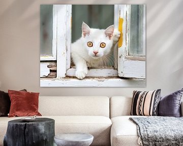 poes kijkt door het raam