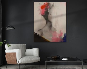Bijzonder abstract portret in wit, rood, roze, blauw en zwart van Carla Van Iersel
