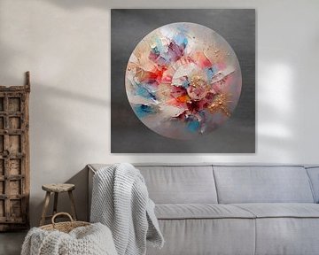 Abstract rond schilderij:  Bloemen - metaaleffect rand van Studio Pieternel