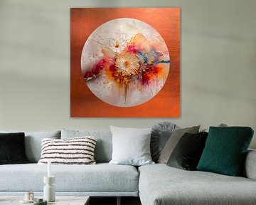 Abstract rond schilderij:  Bloemen - koper effect rand van Studio Pieternel