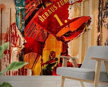 Torn Poster Collage – Urban Street Art on Weathered Door | Bold Red & Yellow Wall Art by Brave Toaster Photography