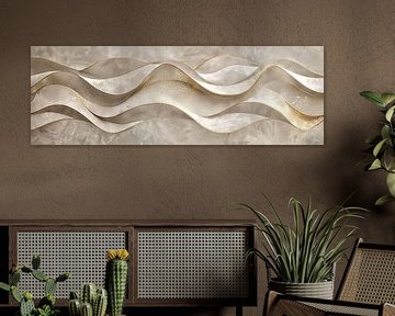 Beige met goud abstracte kunst met 3d lijnen als panorama wanddecoratie van Digitale Schilderijen