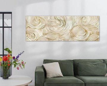 Beige met goud abstracte kunst met lijnen als panorama wanddecoratie van Digitale Schilderijen