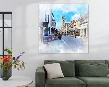 Aquarel op canvas van het  Belfort en het gezellig winkelcentrum  van Sluis, Zeeuws-Vlaanderen van Danny de Klerk