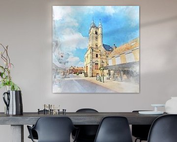 Aquarelafdruk op canvas van het Belfort in Sluis, Zeeuws-Vlaanderen van Danny de Klerk
