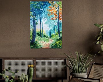 Kleurrijk abstract schilderij van een boslandschap van Art & Soul Creations