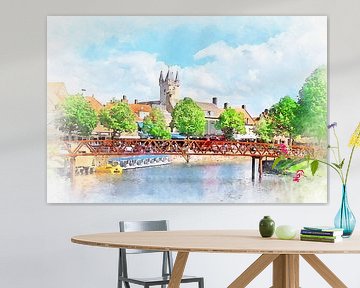 Aquarel weergave van de Damsche Vaart en het Belfort in Sluis, Zeeuws-Vlaanderen van Danny de Klerk