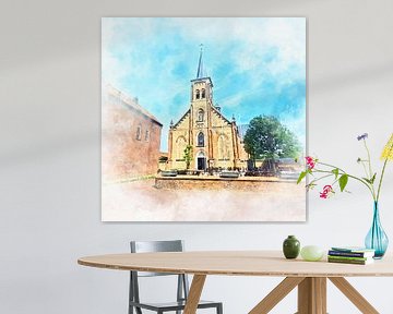 Aquarelafdruk van de Heilige Maria Hemelvaartkerk in Aardenburg, Sluis, Zeeuws-Vlaanderen van Danny de Klerk