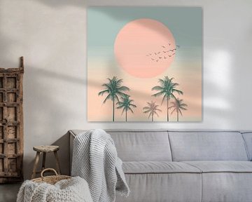 Palmbomen en vogels bij zonsondergang van Poster Art Shop