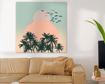 Palmbomen en vogels bij zonsondergang van Poster Art Shop