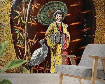 Chinesische Geisha mit Storch auf authentischer Teedose von StudioMaria.nl