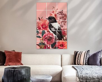 Bird in Pink Flowers van Marja van den Hurk