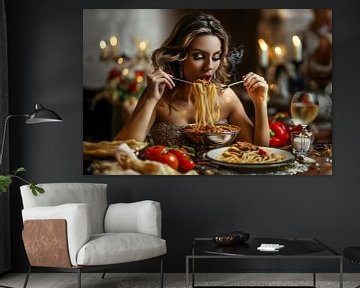 woman eats spaghetti by Egon Zitter