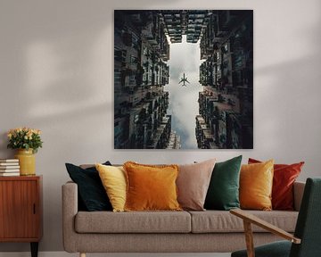 Skyline breakthrough - aeroplane in the city by Poster Art Shop