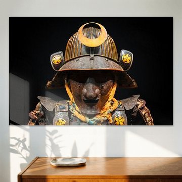 Casque japonais Kabuto doté d'une armure faciale ornée d'écussons de prune dorée.