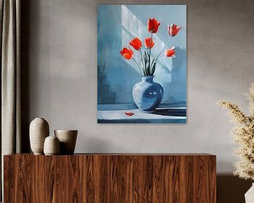 Blauwe Vaas met Rode Tulpen: Een Minimalistisch Stilleven van Roger VDB