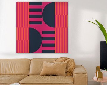 Abstracte geometrische kunst in retrostijl in oranje, magenta en taupe van Dina Dankers