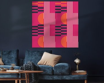 Abstracte geometrische kunst in retrostijl in roze, wit, oranje. van Dina Dankers