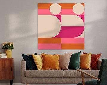 Abstracte geometrische kunst in retrostijl in oranje, roze, wit. van Dina Dankers