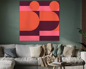 Abstracte geometrische kunst in retrostijl in oranje, warm bruin, roze. van Dina Dankers