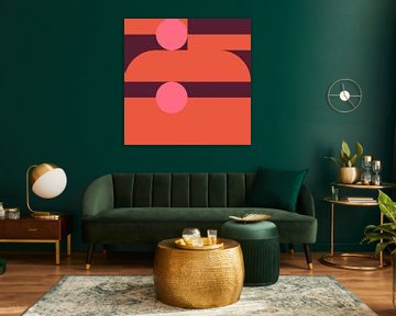 Abstracte geometrische kunst in retrostijl in warm bruin, oranje en roze. van Dina Dankers