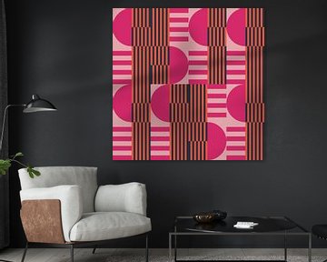 Abstracte geometrische kunst in retrostijl in oranje, roze, taupe. van Dina Dankers