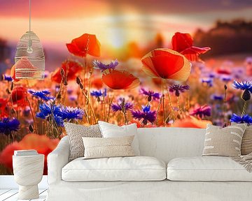 Klaprozen en korenbloemen tijdens zonsondergang van Dutch Art Works