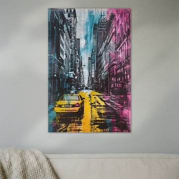 Colourful cityscape with yellow taxi by Art & Soul Creations