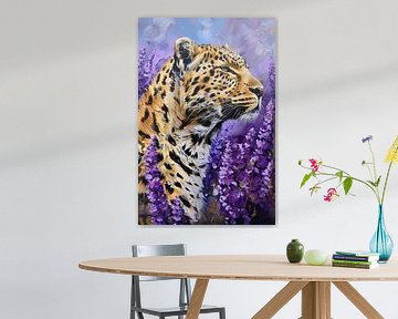 Realistic leopard painting with purple flowers