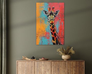 Kleurrijk schilderij van een giraffe van De Muurdecoratie