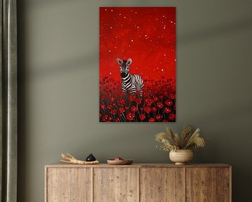 Surrealist painting of zebra in field of flowers by Art & Soul Creations