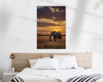 Éléphant majestueux au coucher du soleil en Afrique sur Art & Soul Creations