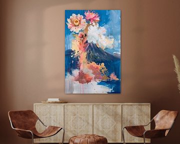 Modern abstract painting with flowers and volcano by Art & Soul Creations